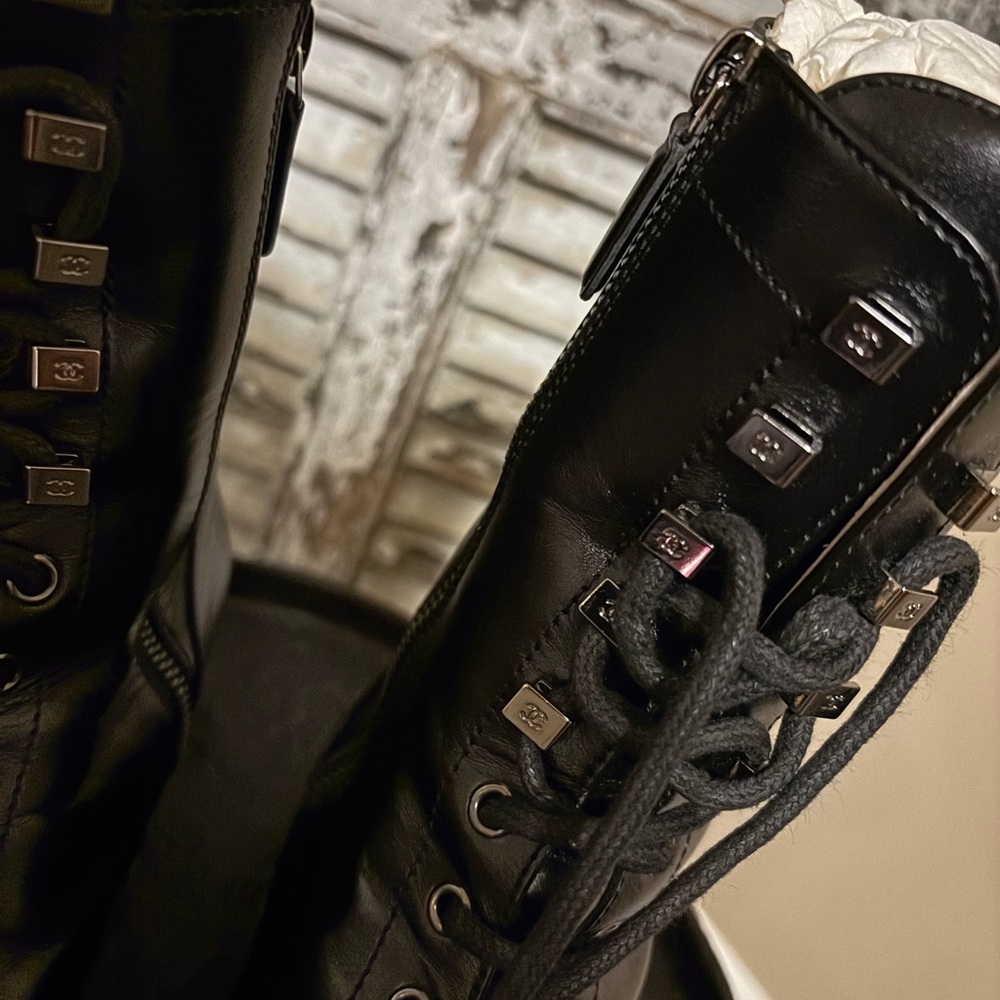 Chanel tall ankle combat boots silver tone lace accessories with Chanel logos! - Picture 2 of 7